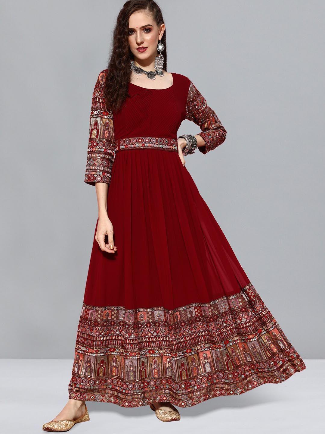 kvsfab maroon & off-white ethnic motifs embroidered georgette fit & flare ethnic dress