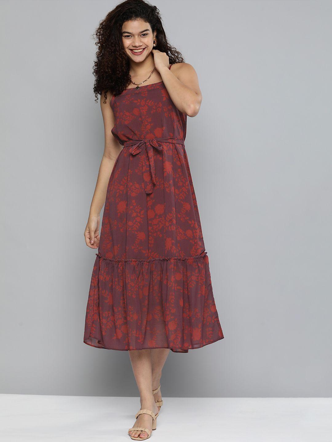 kvsfab maroon floral georgette a-line midi dress