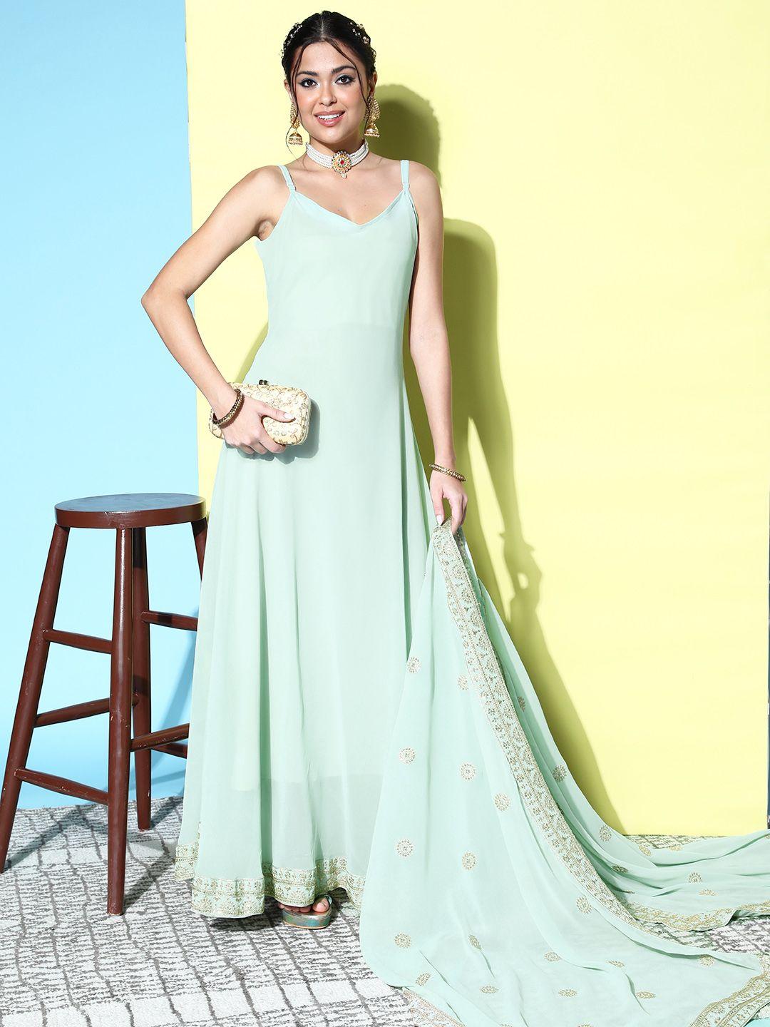kvsfab mint green zari sequence embroidered bordered gown with dupatta