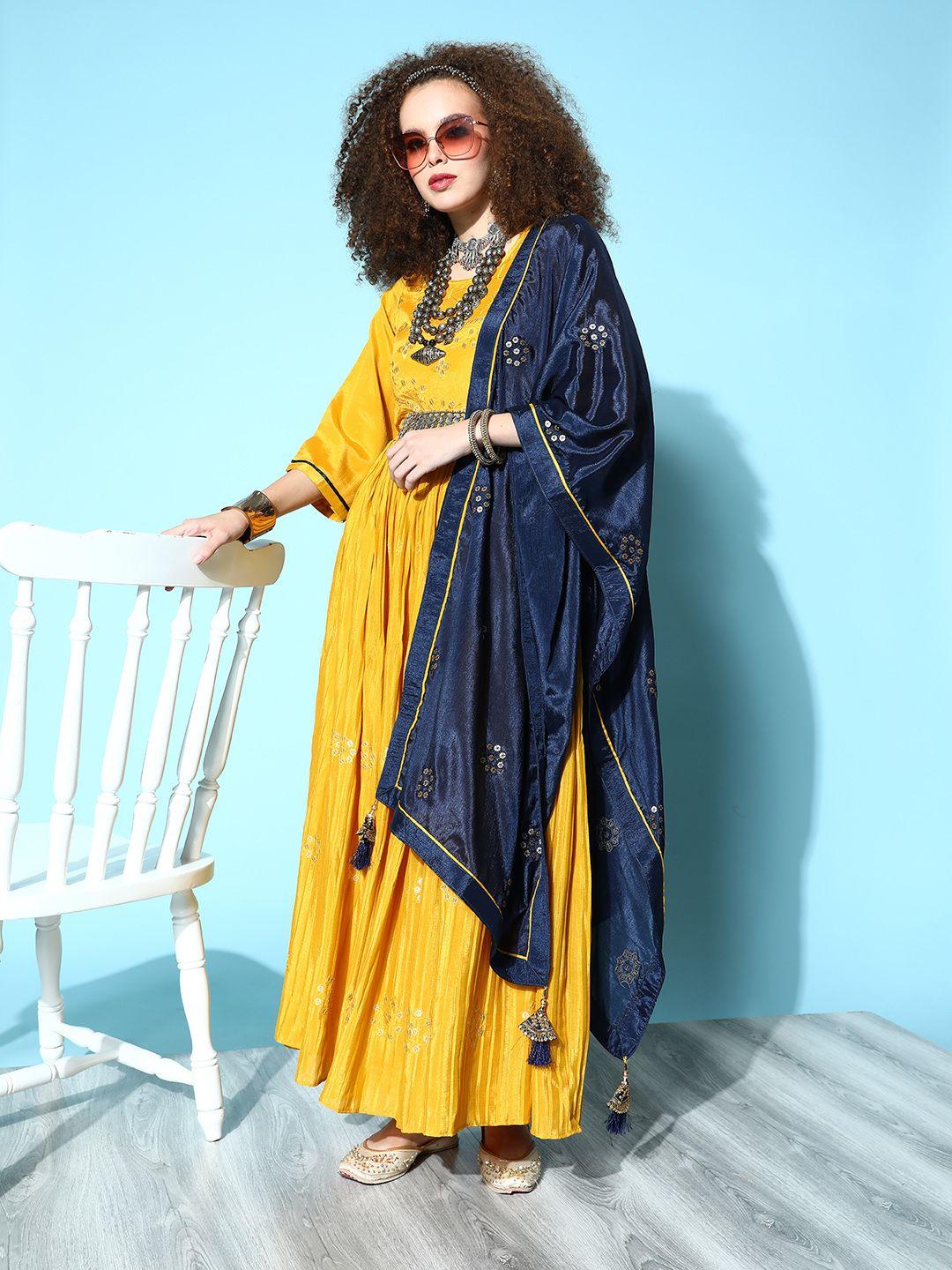 kvsfab mustard yellow & navy blue floral embroidered ethnic a-line maxi dress with dupatta