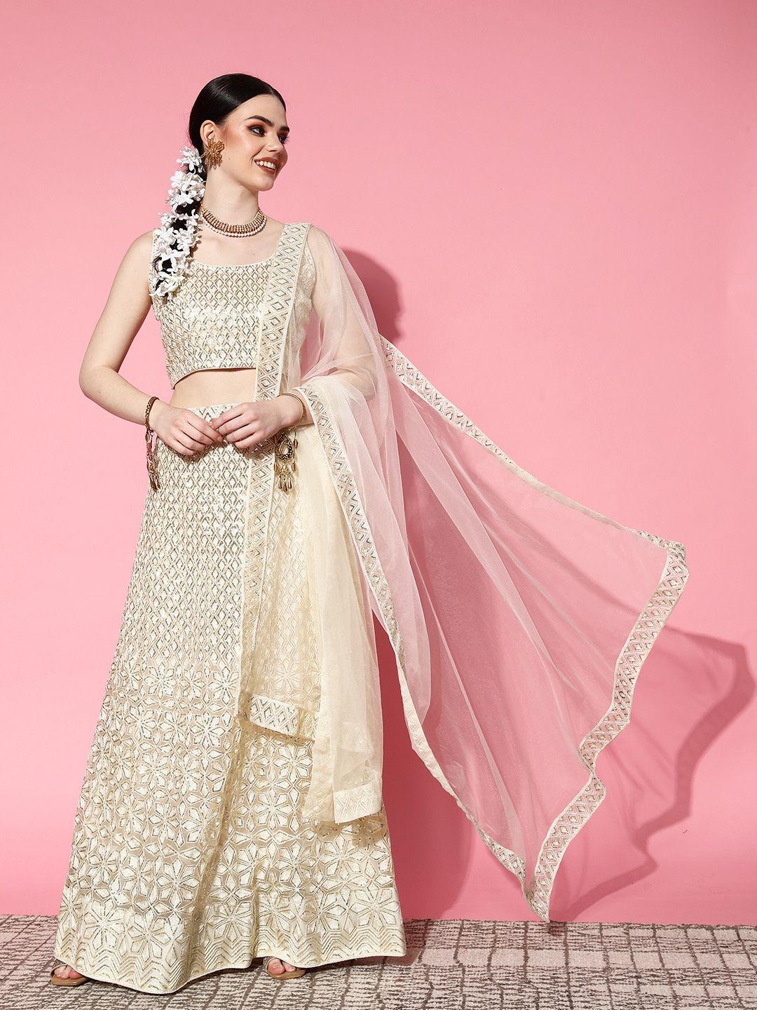 kvsfab off white embroidered sequinned semi-stitched lehenga & blouse with dupatta