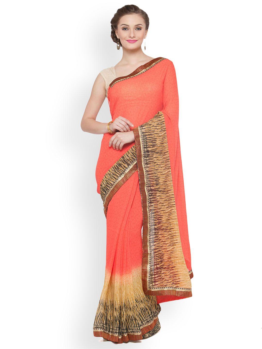 kvsfab peach-coloured & brown poly georgette printed saree