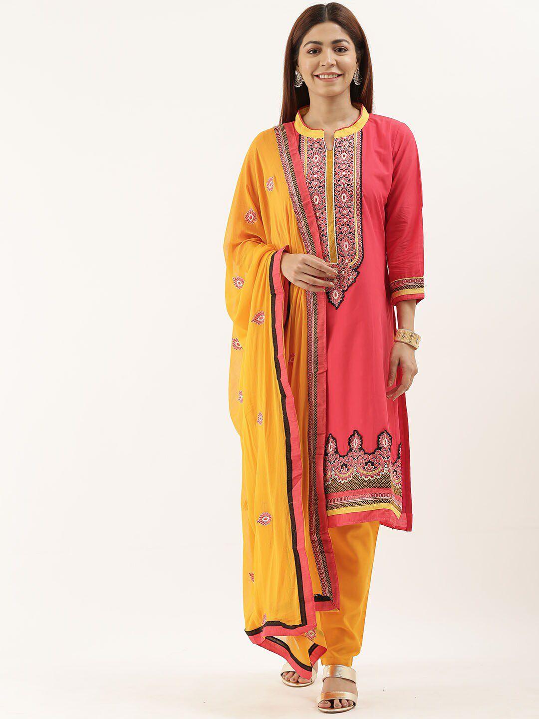 kvsfab pink & yellow embroidered unstitched dress material