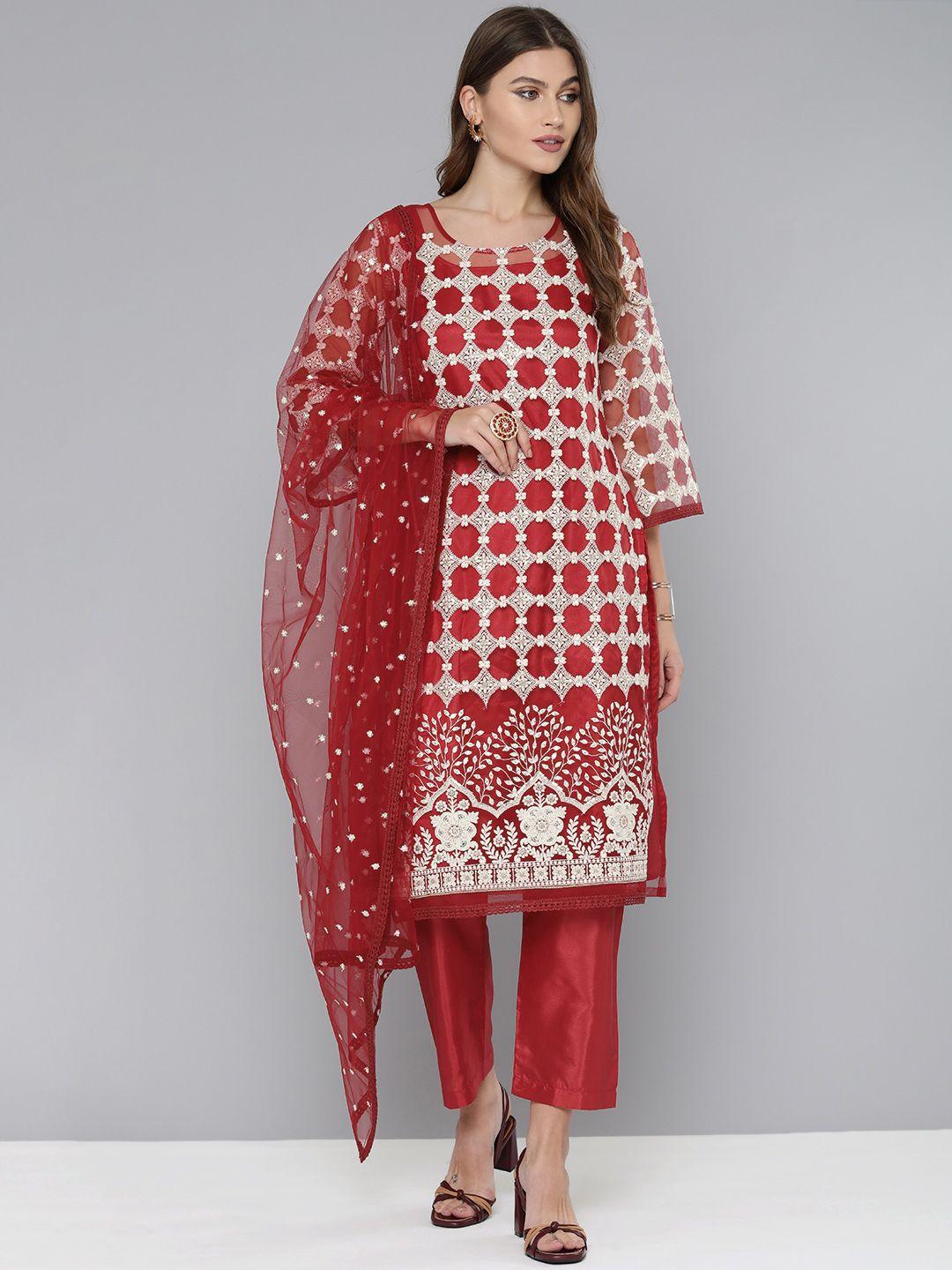 kvsfab red & off white embroidered unstitched dress material
