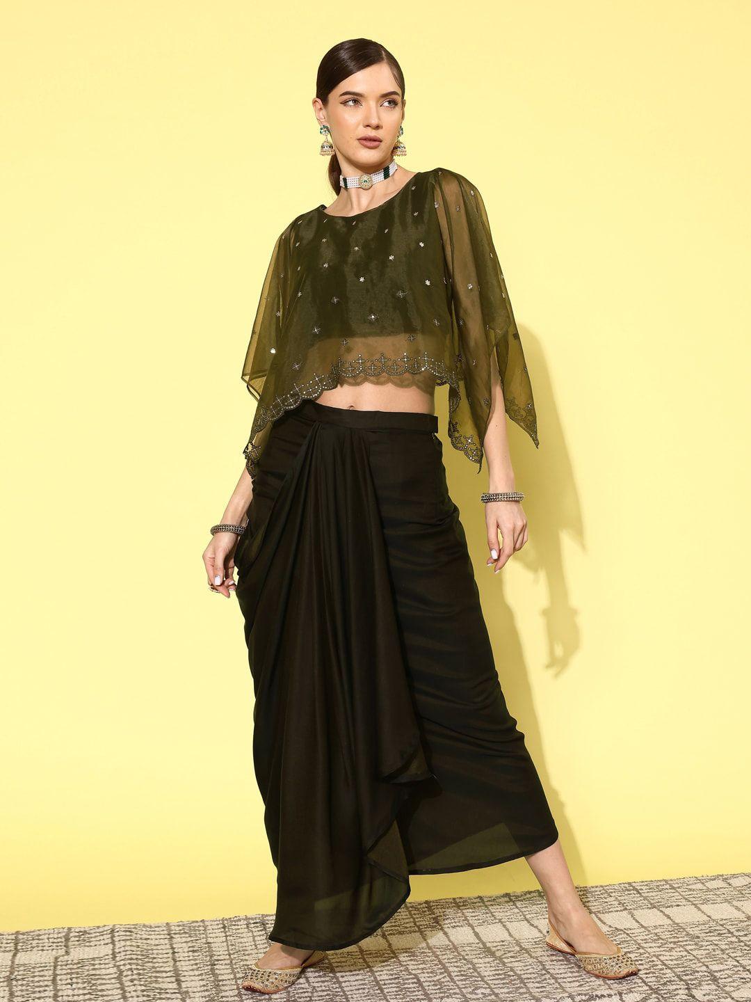 kvsfab satin top with attached organza cap & dhoti style skirt