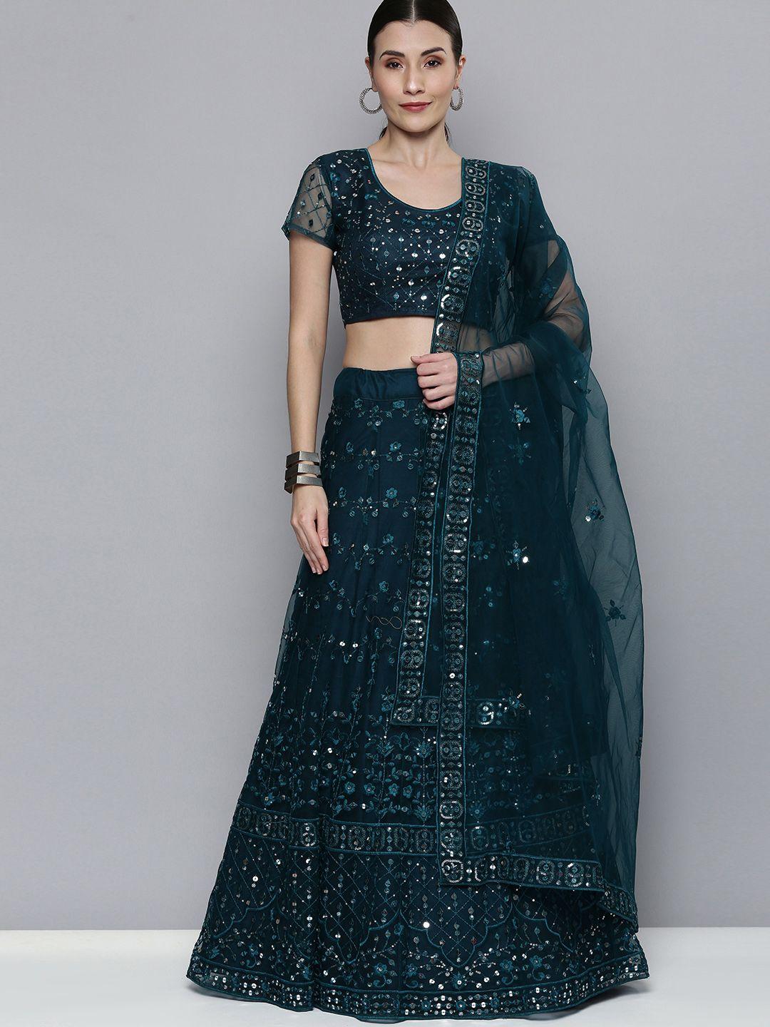 kvsfab teal green embroidered semi-stitched lehenga with unstitched blouse & dupatta