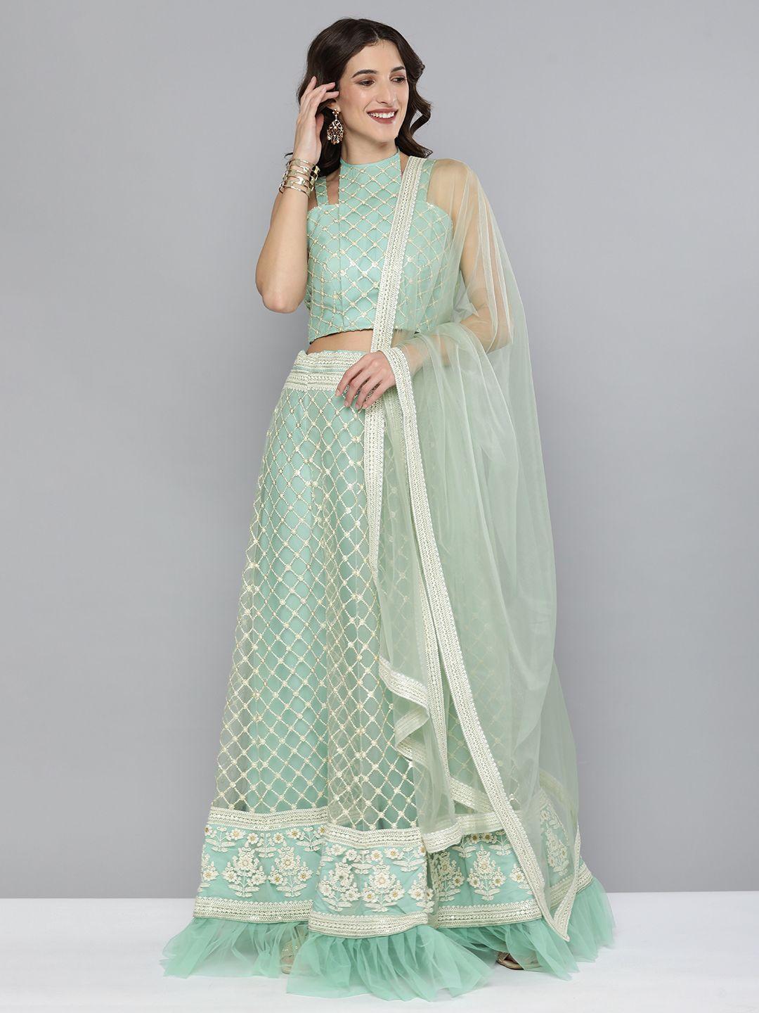 kvsfab turquoise blue & cream-coloured embroidered sequinned semi-stitched lehenga & unstitched blouse with