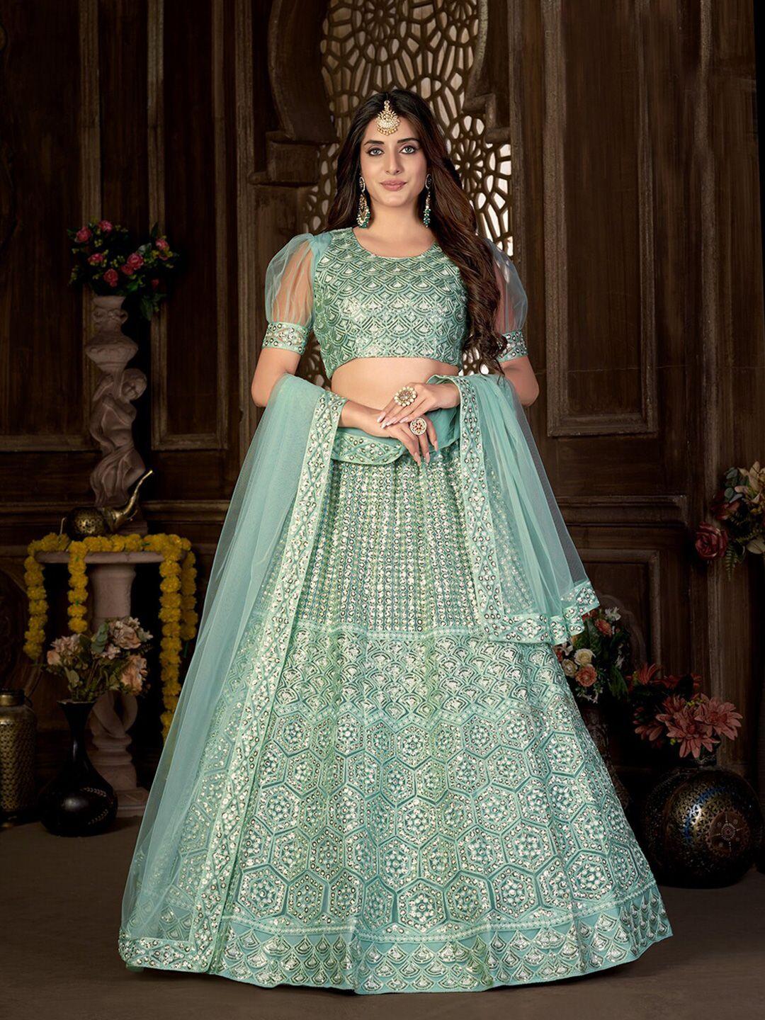 kvsfab turquoise blue & gold-toned embellished sequinned semi-stitched lehenga & unstitched blouse with