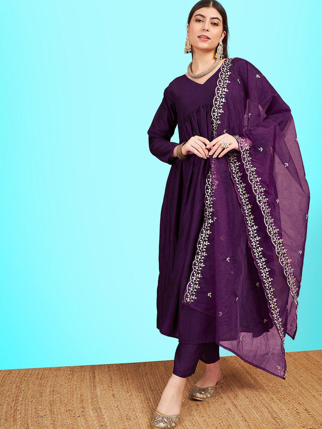 kvsfab v-neck pleated sequinned a-line kurta with trousers & dupatta