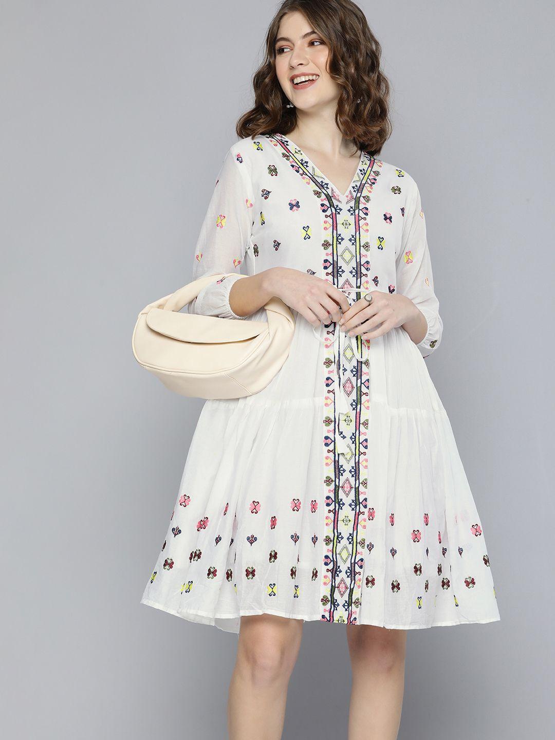 kvsfab white ethnic motifs embroidered v-neck cuff sleeves cotton party fit & flare dress