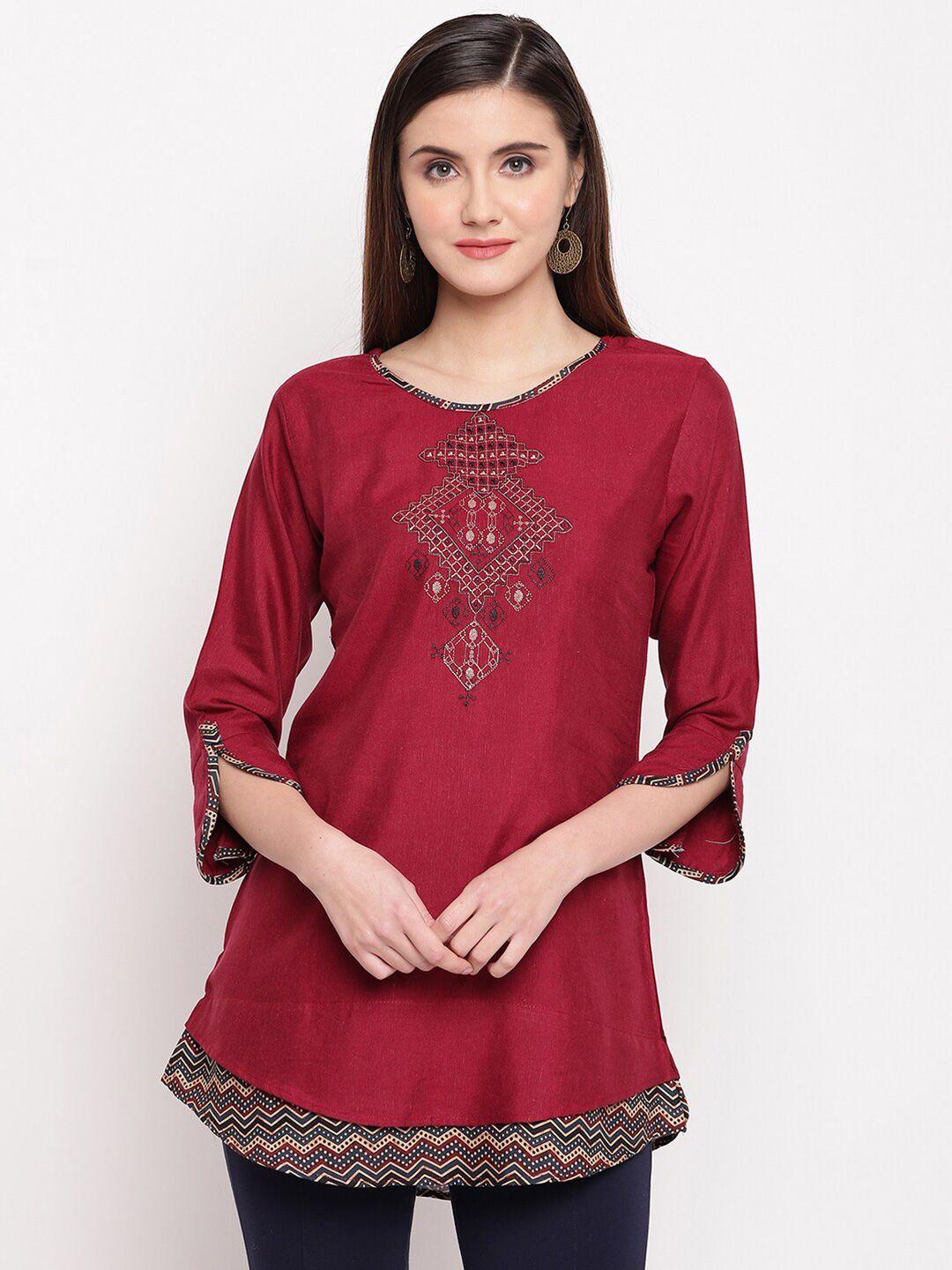 kvsfab woman maroon geometric embroidered kurti