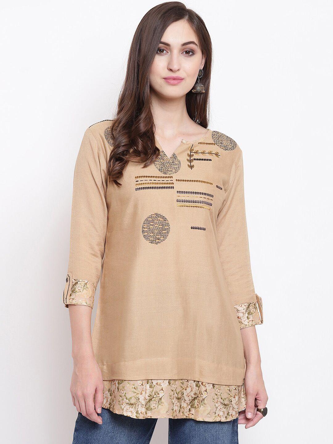 kvsfab women beige & black embroidered tunic