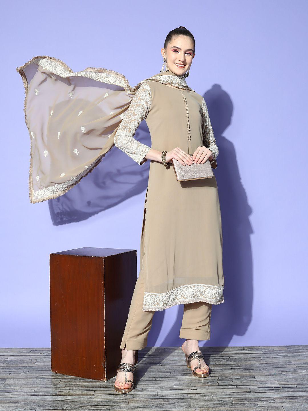 kvsfab women beige ethnic motifs embroidered sequinned kurta with trousers & dupatta