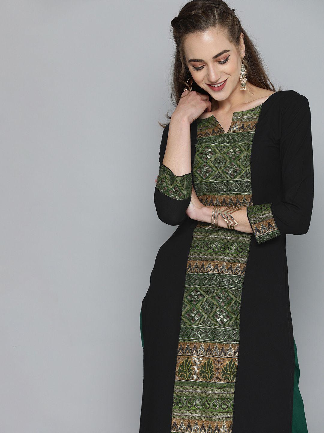 kvsfab women black & green ethnic motifs printed panelled kurta