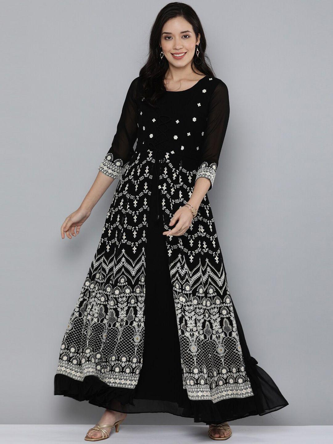 kvsfab women black & white ethnic motifs embroidered thread work georgette kurta
