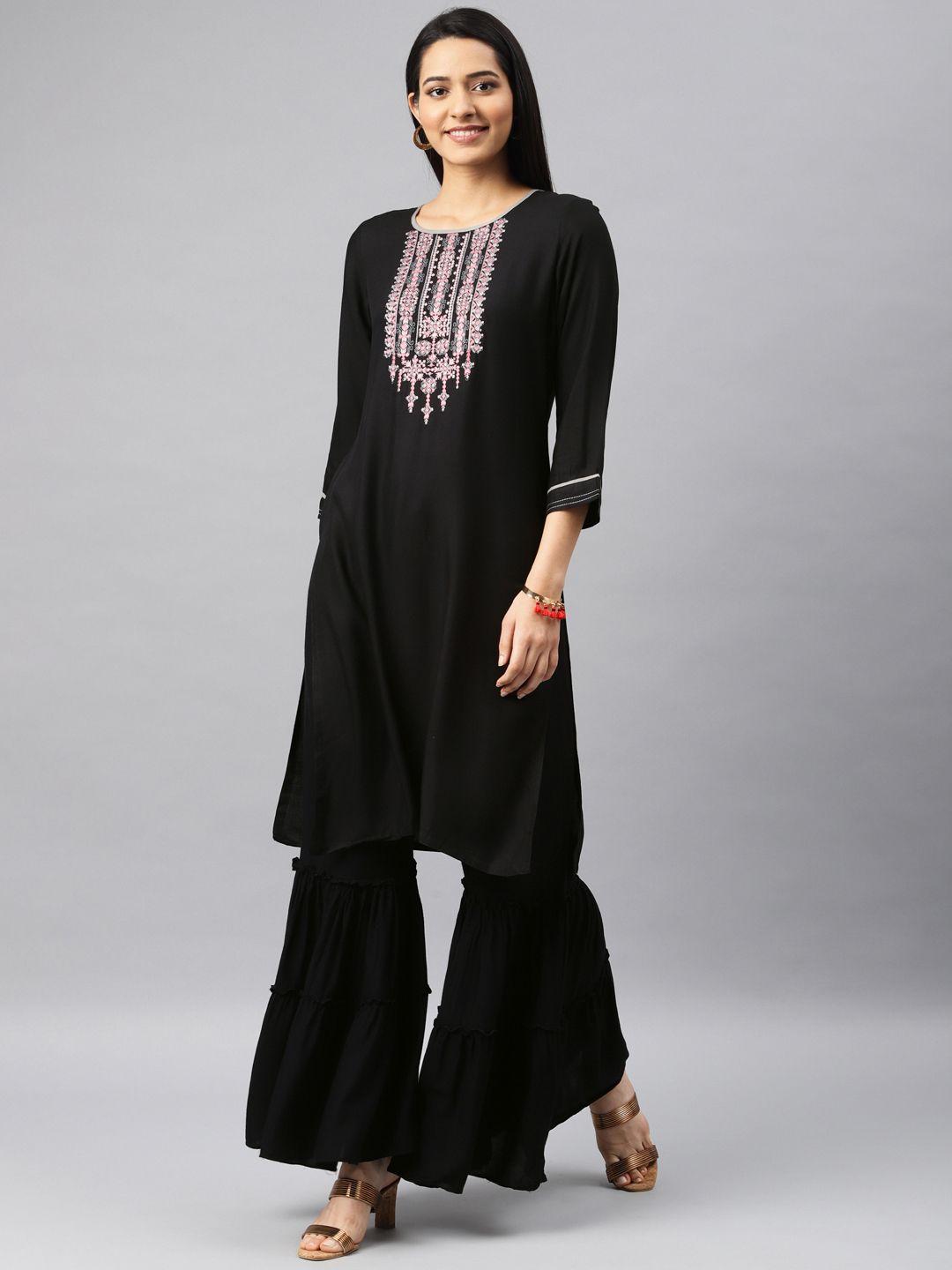 kvsfab women black embroidered kurta with sharara