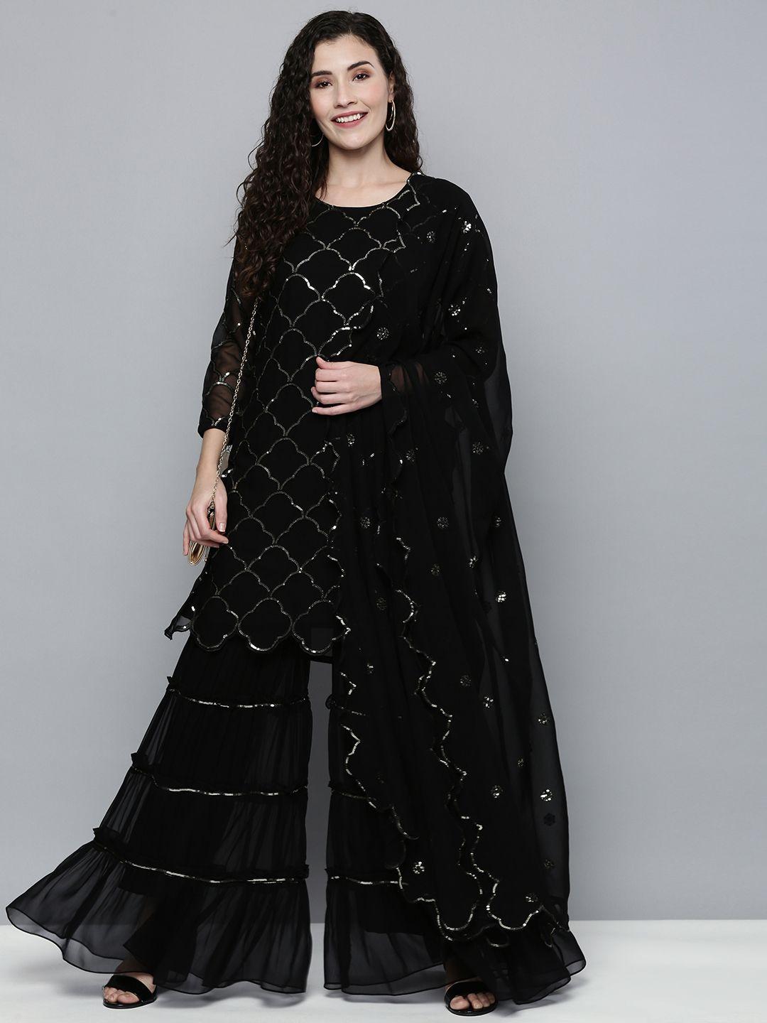 kvsfab women black sequin embroidered kurti with sharara & dupatta