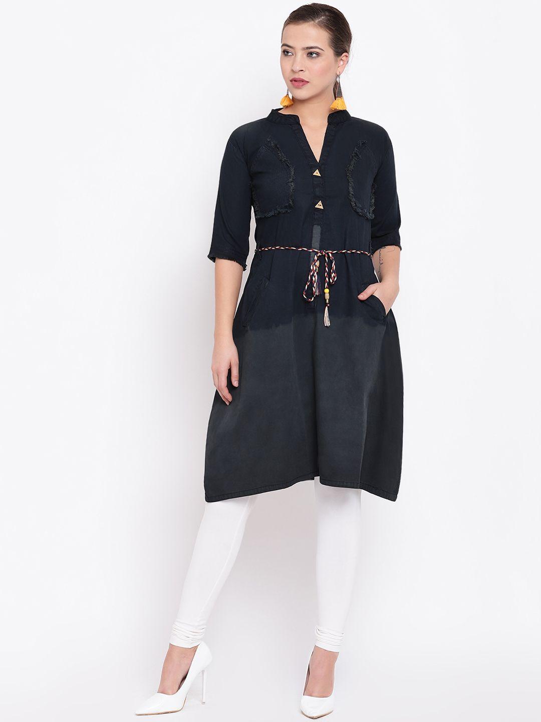 kvsfab women black washed denim a-line kurta