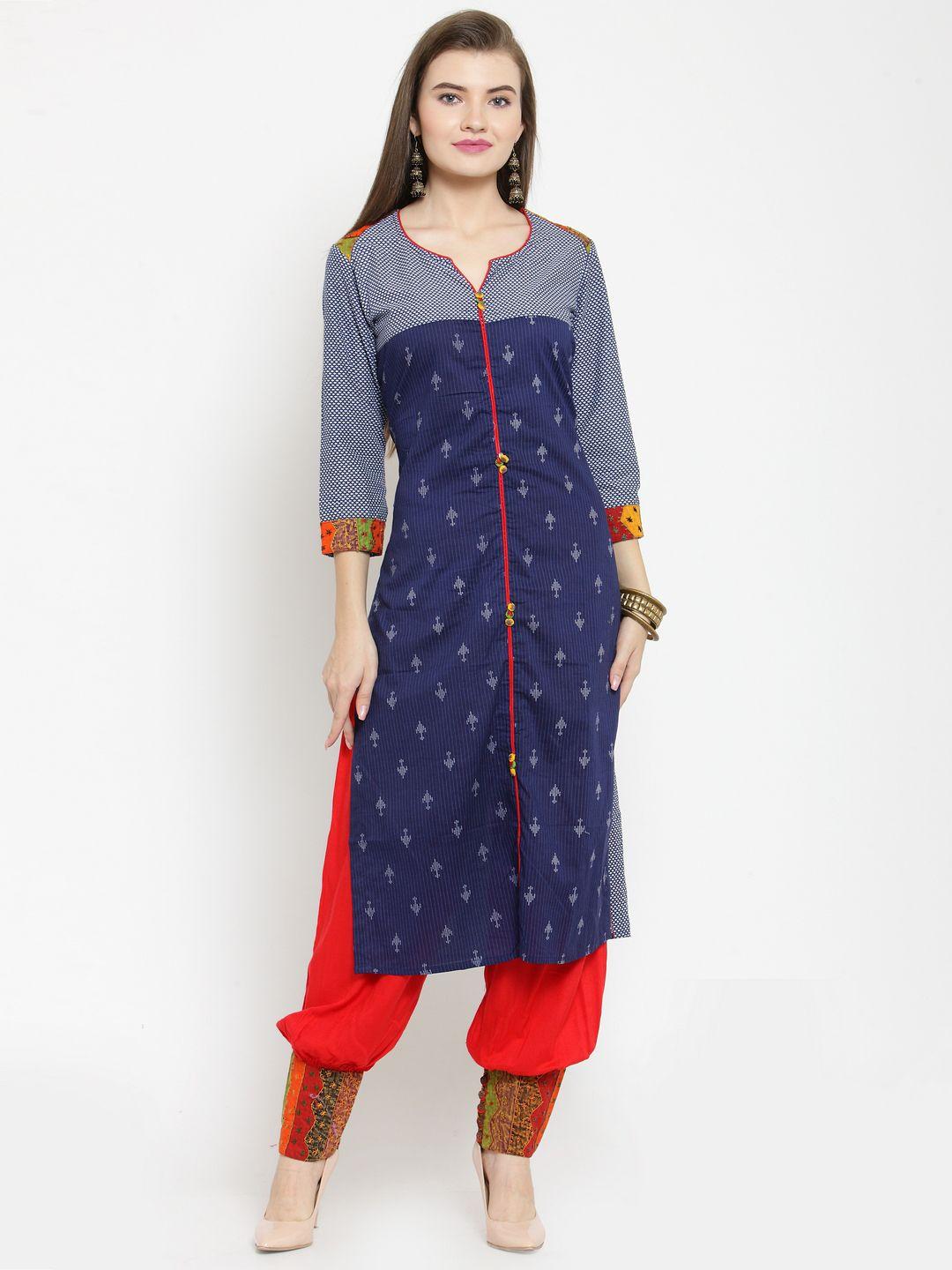 kvsfab women blue & red printed kurti with patiala