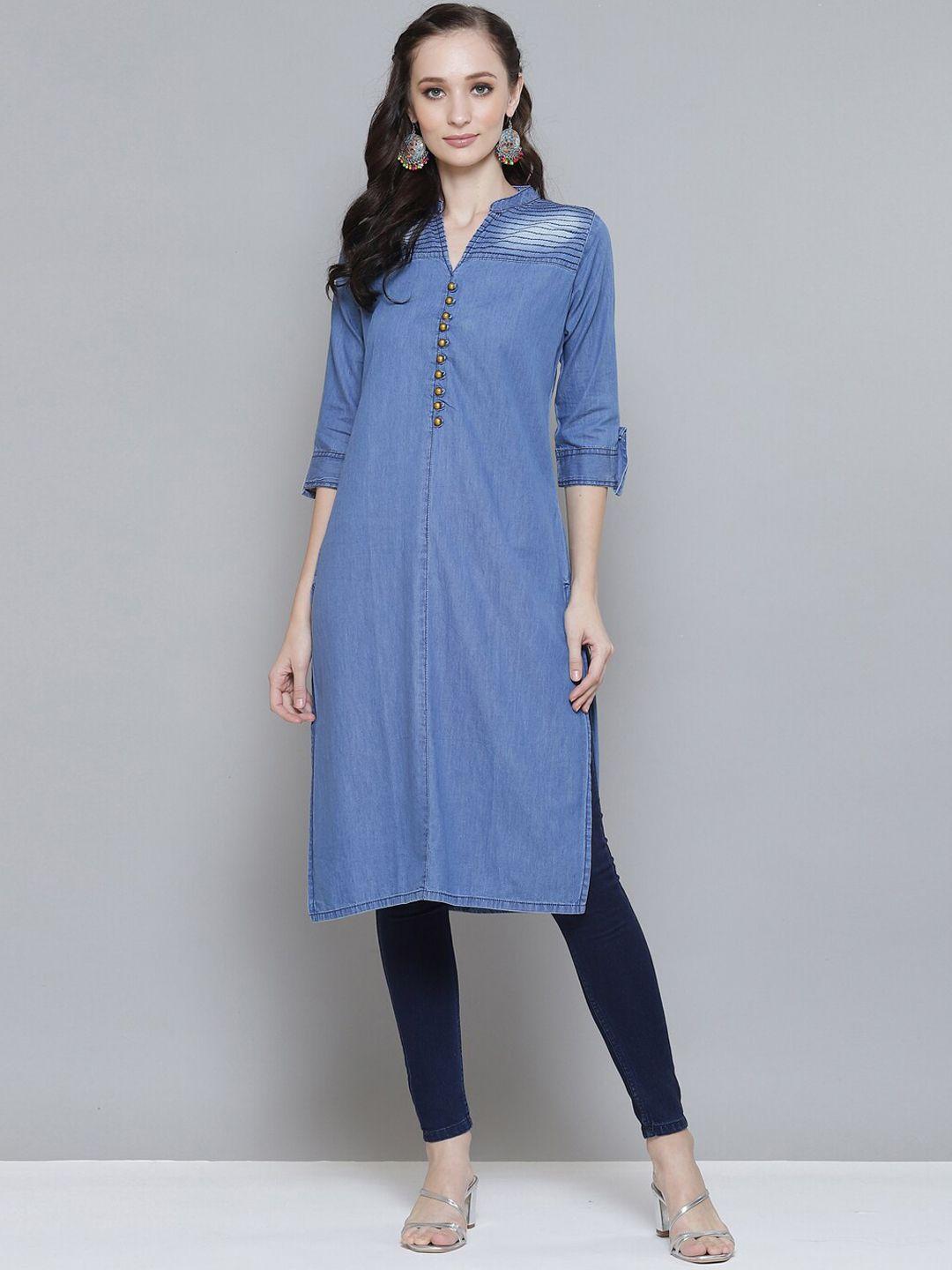 kvsfab women blue & white indigo denim a-line kurta