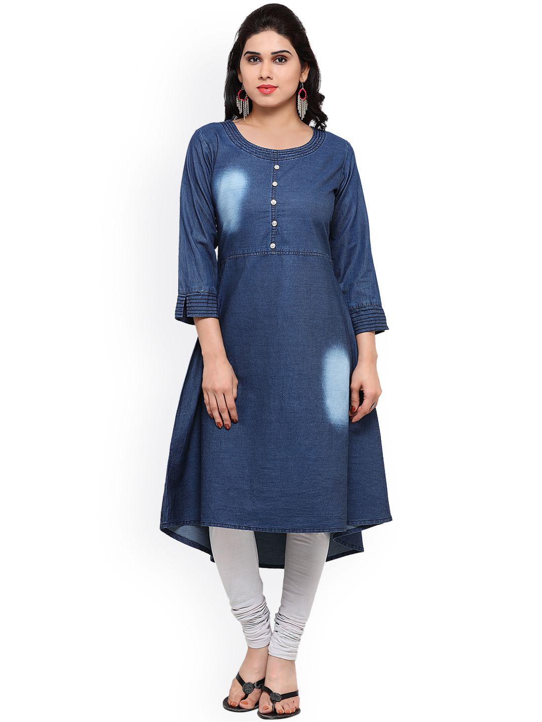 kvsfab women blue embroidered a-line denim kurta