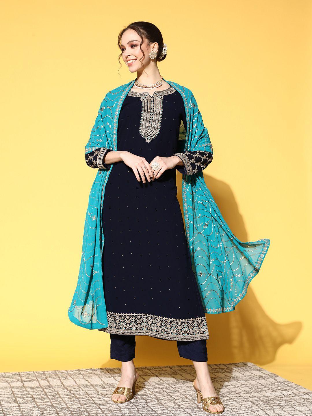 kvsfab women blue ethnic motifs embroidered kurta with trousers & with dupatta