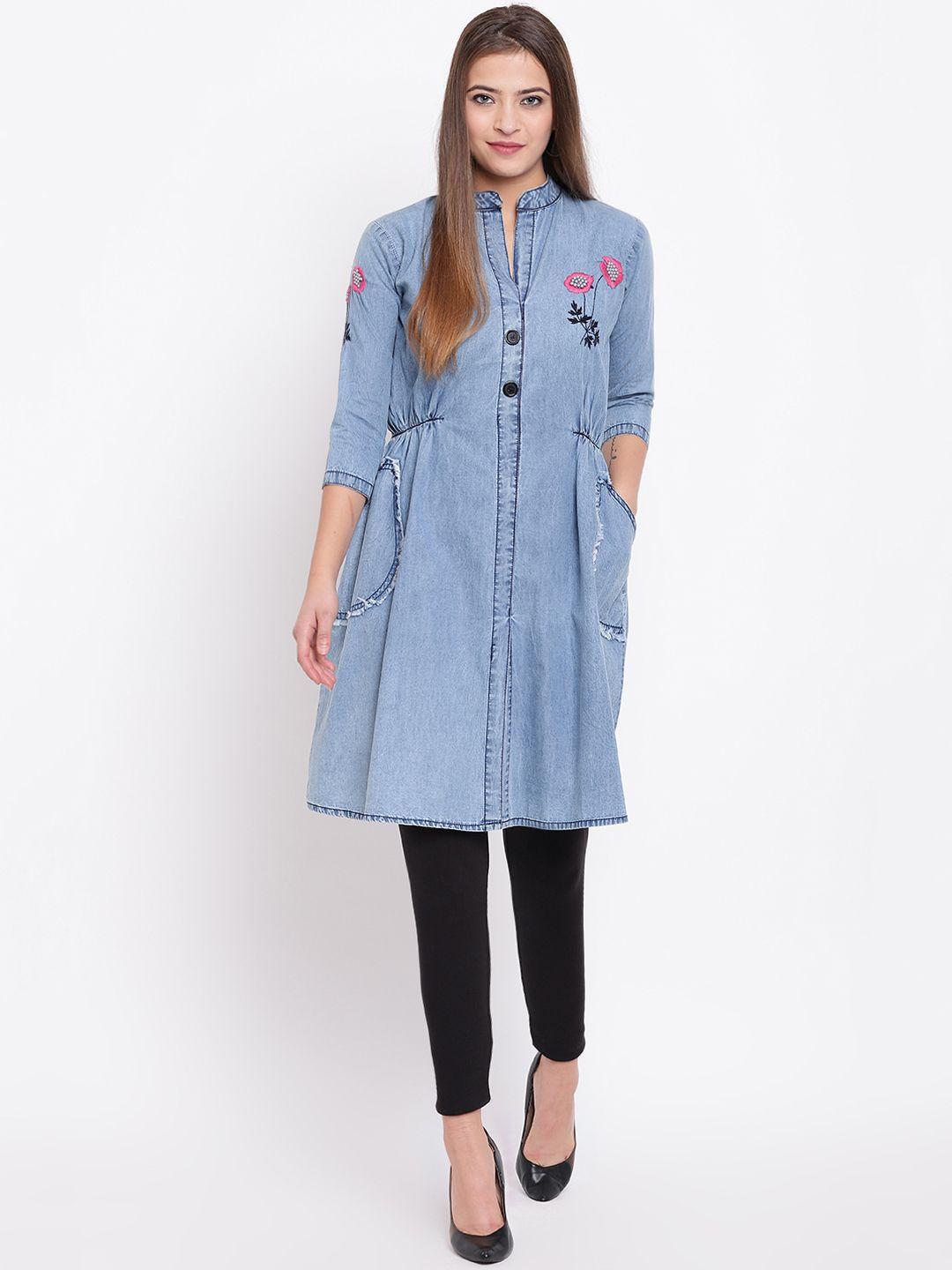 kvsfab women blue solid denim a-line kurta