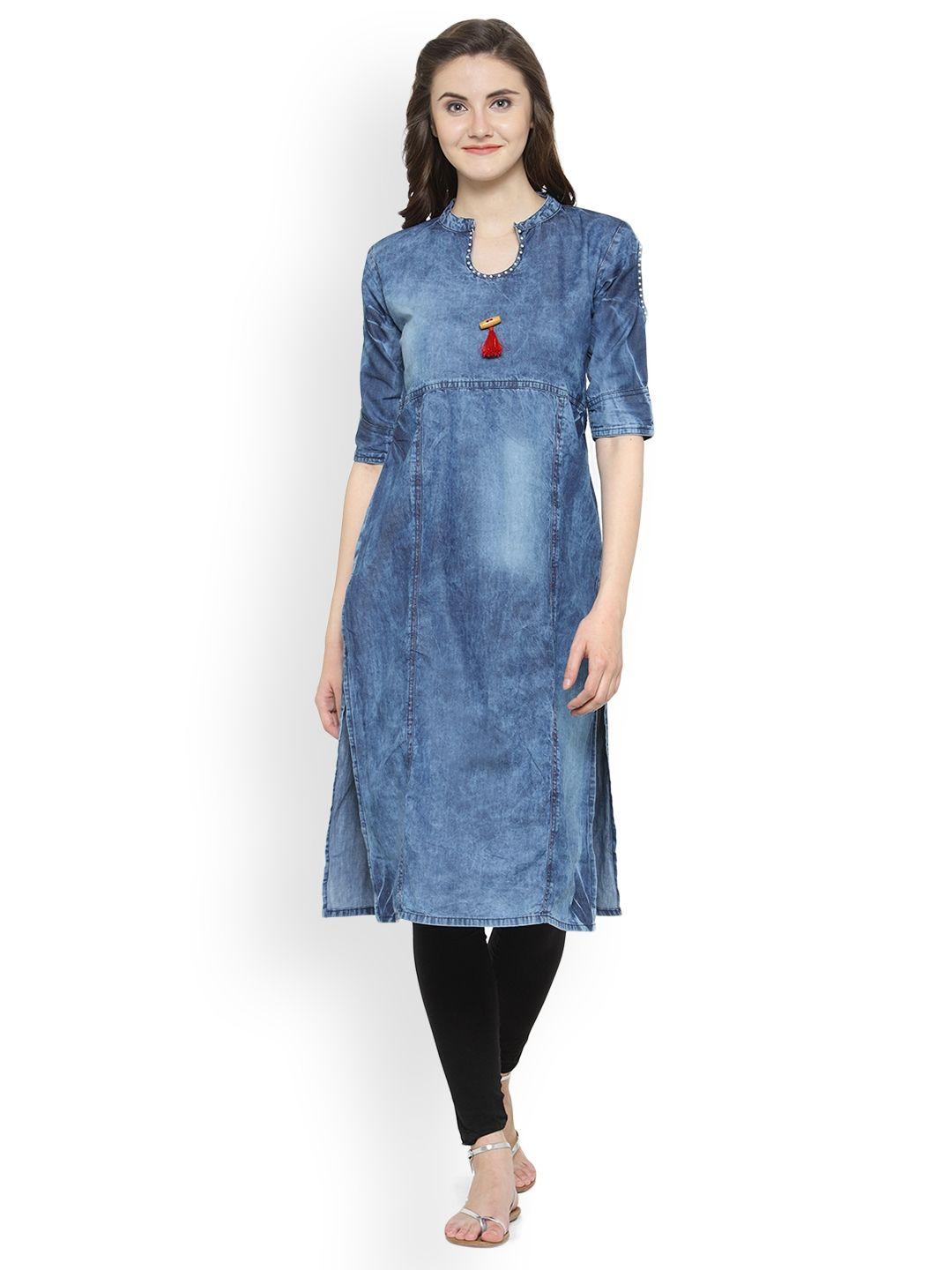 kvsfab women blue solid straight kurta