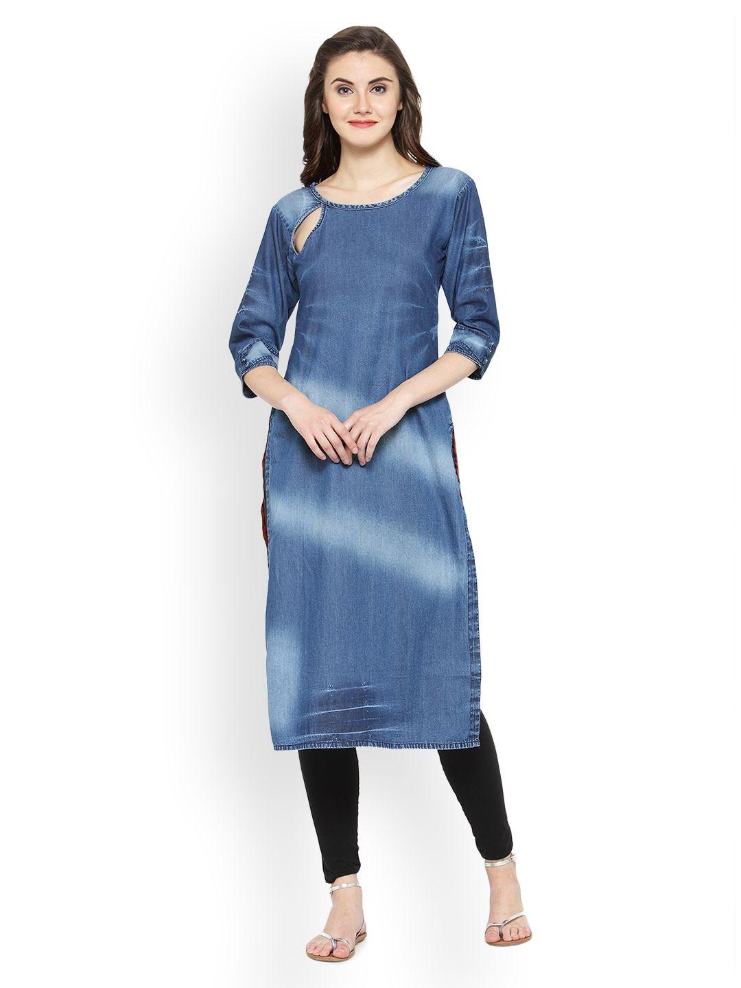 kvsfab women blue solid straight kurta