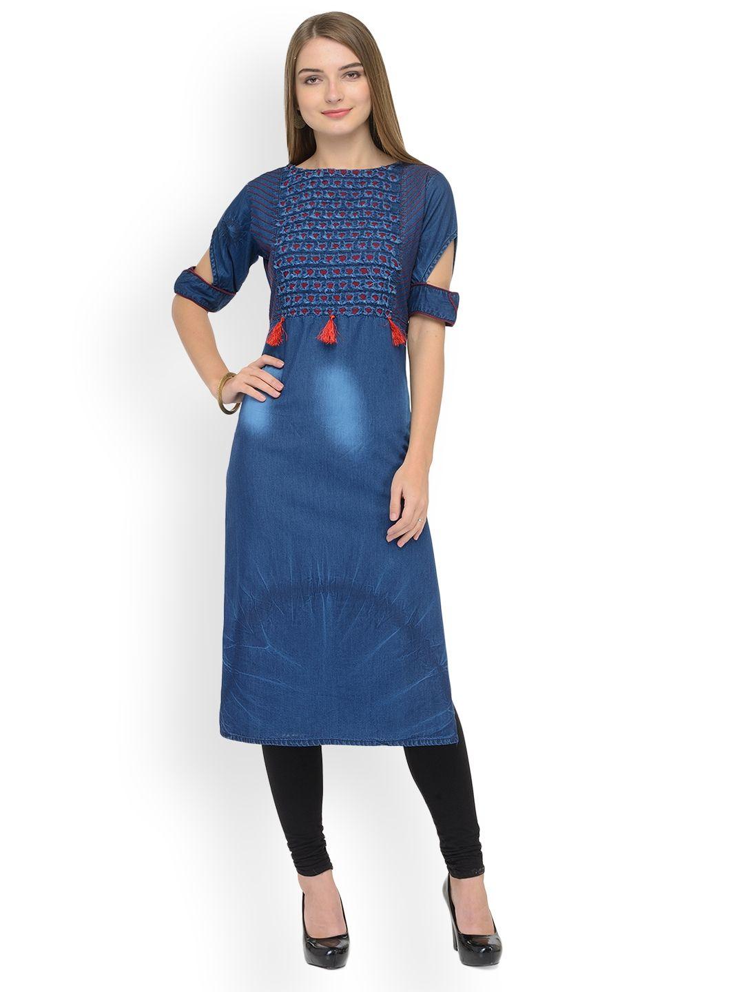 kvsfab women blue solid straight kurta