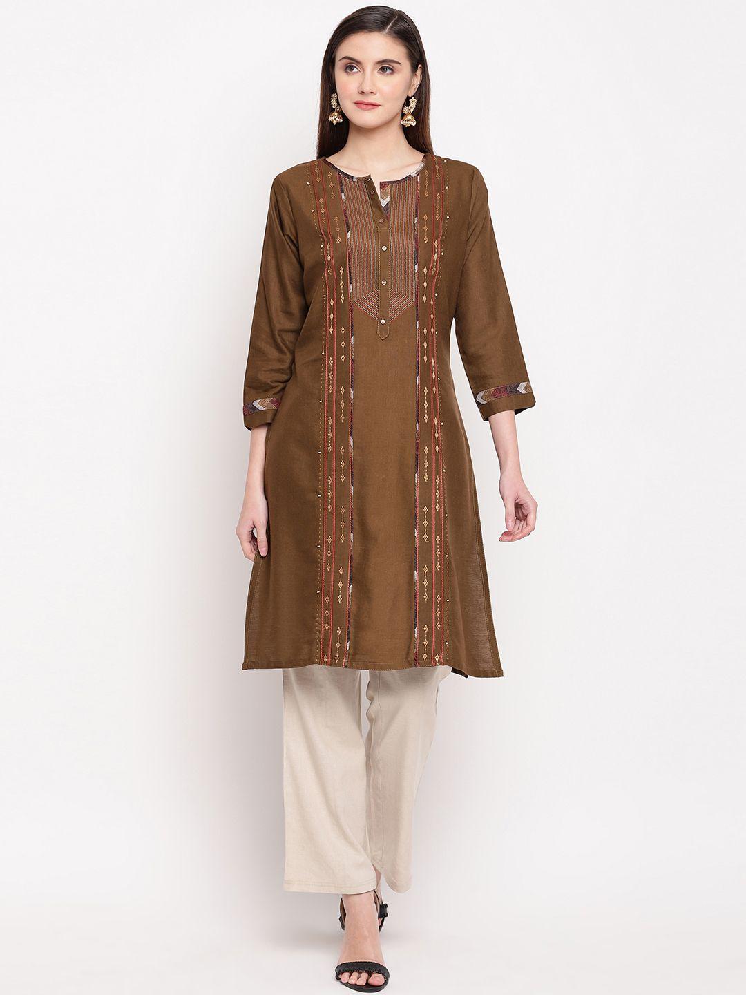 kvsfab women brown embroidered a-line kurta