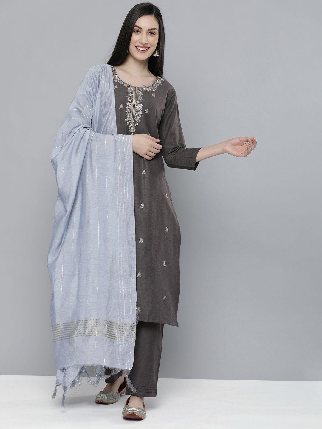 kvsfab women charcoal ethnic motifs embroidered mirror work pure cotton kurta with trousers & with dupatta