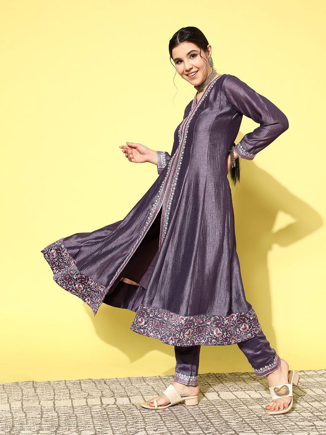 kvsfab women floral embroidered pleated sequinned kurta with trousers & with dupatta