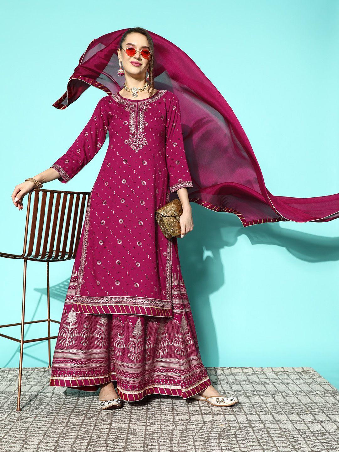 kvsfab women floral embroidered regular sequinned kurta with skirt & with dupatta