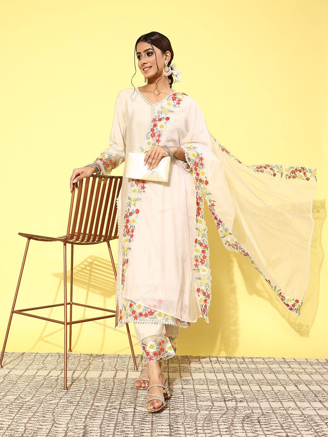 kvsfab women floral embroidered regular sequinned kurta with trousers & with dupatta