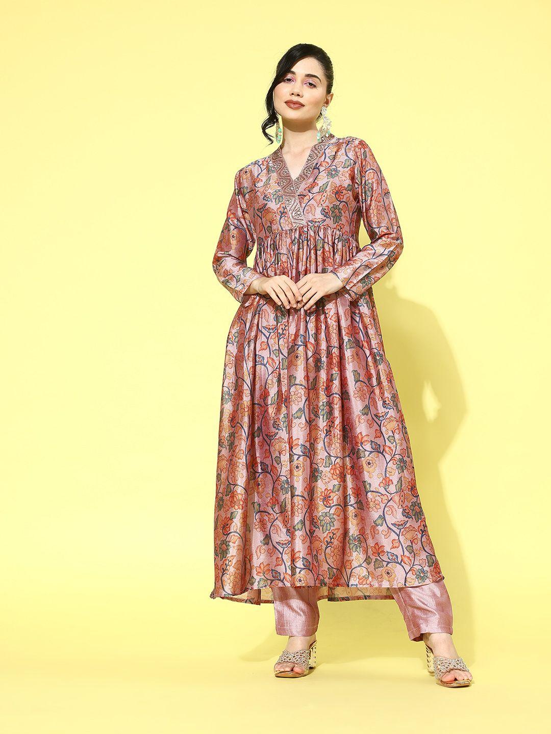 kvsfab women floral printed pleated kurta with trousers