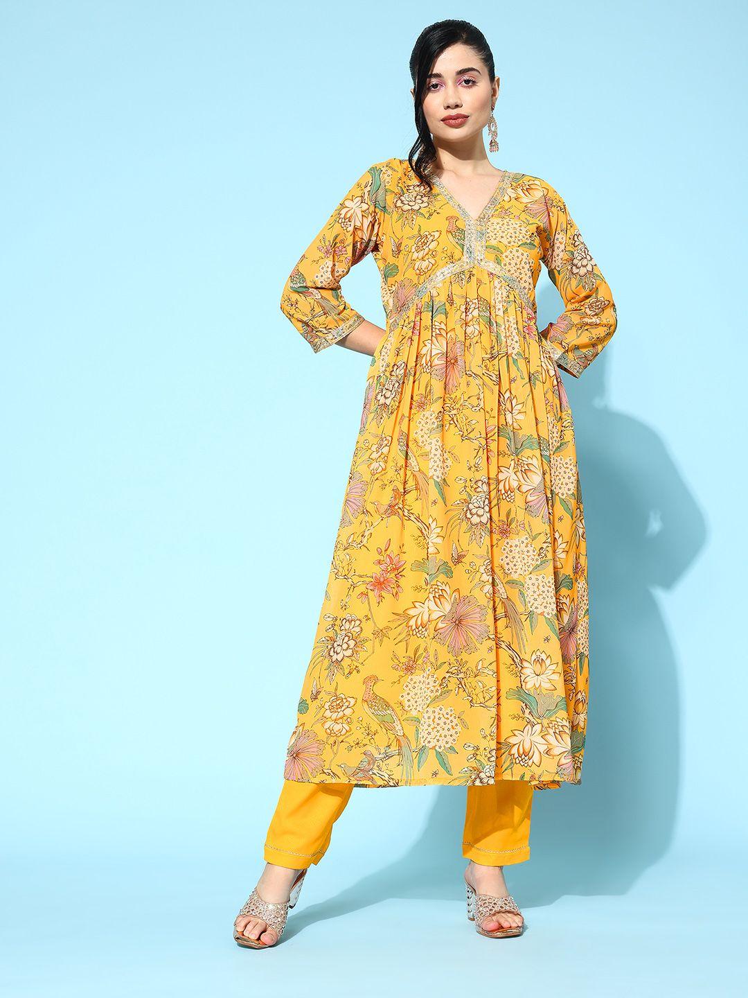 kvsfab women floral printed pleated sequinned kurta with trousers