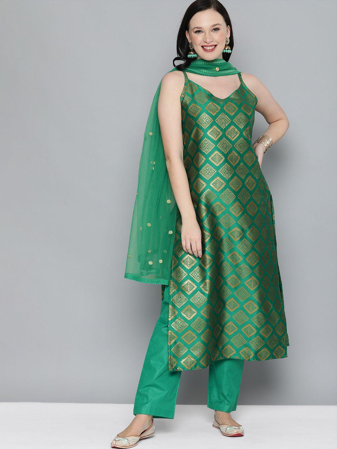 kvsfab women green & gold-toned ethnic motifs kurta with trousers & dupatta