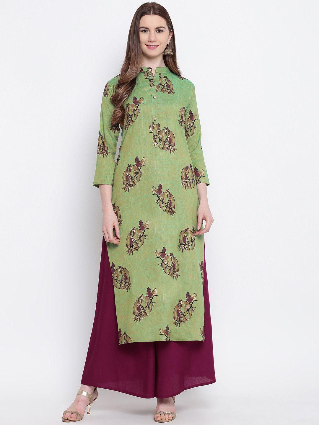 kvsfab women green & maroon printed kurta with palazzos