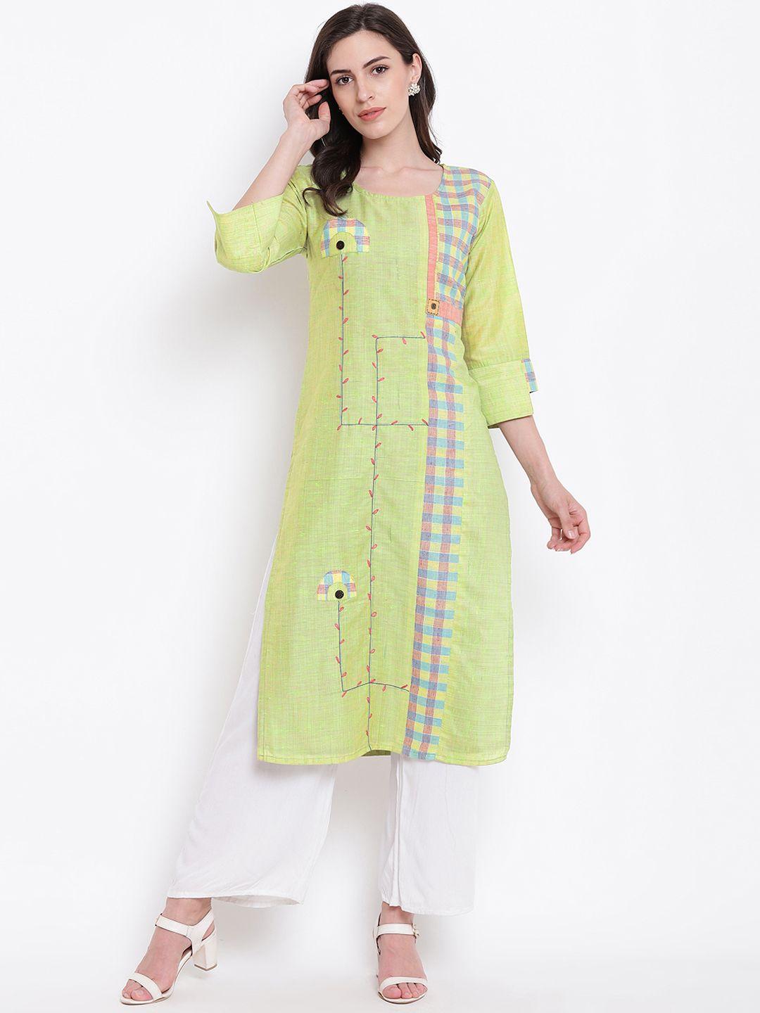 kvsfab women green checked straight kurta