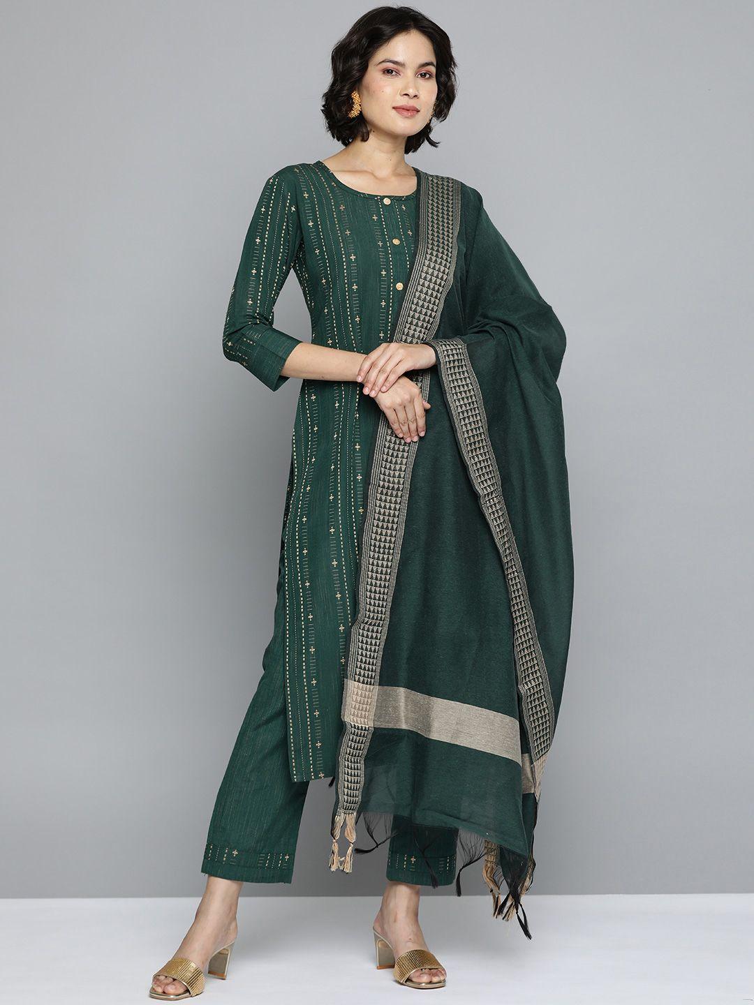 kvsfab women green pure cotton kurta with trousers & dupatta