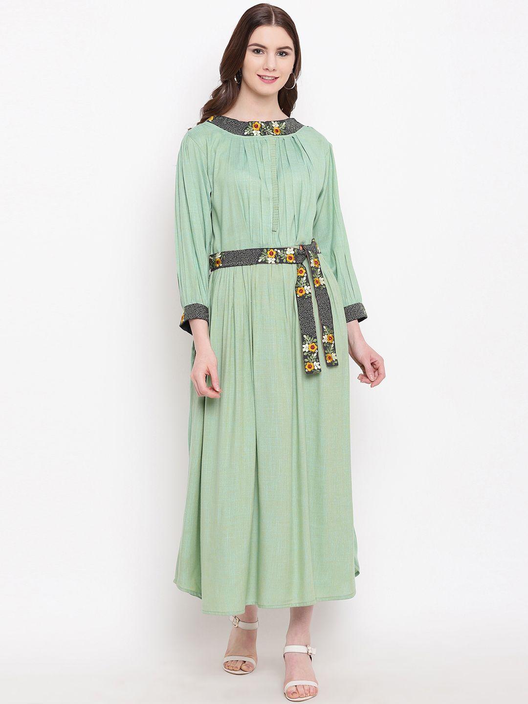 kvsfab women green solid a-line dress