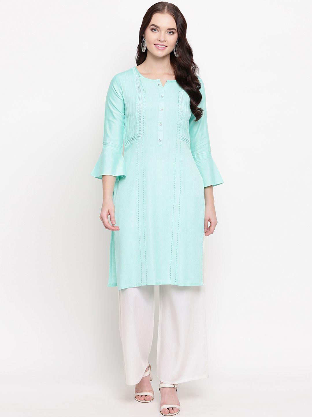 kvsfab women green solid straight kurta