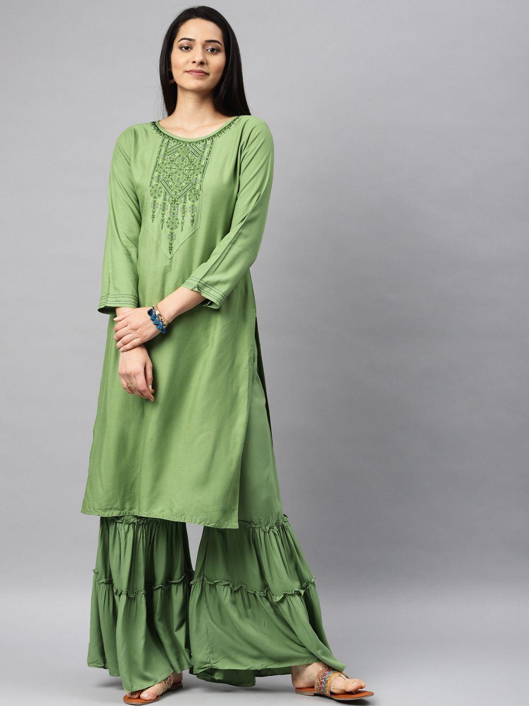 kvsfab women green yoke design kurta with sharara