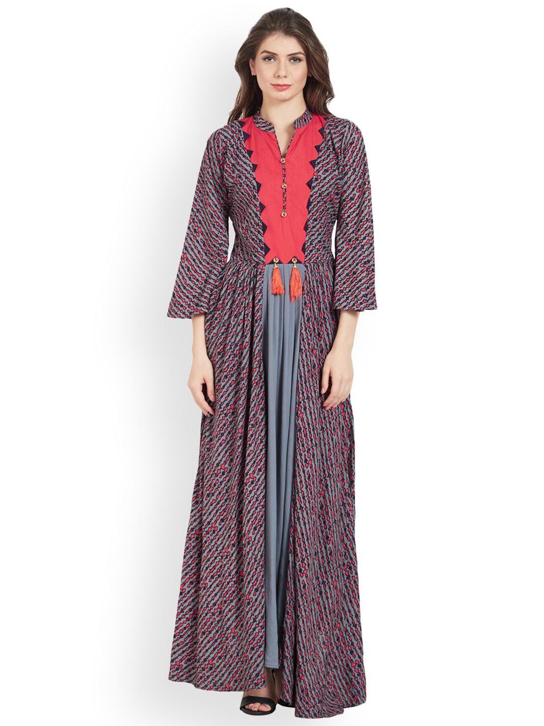 kvsfab women grey & coral printed a-line kurta