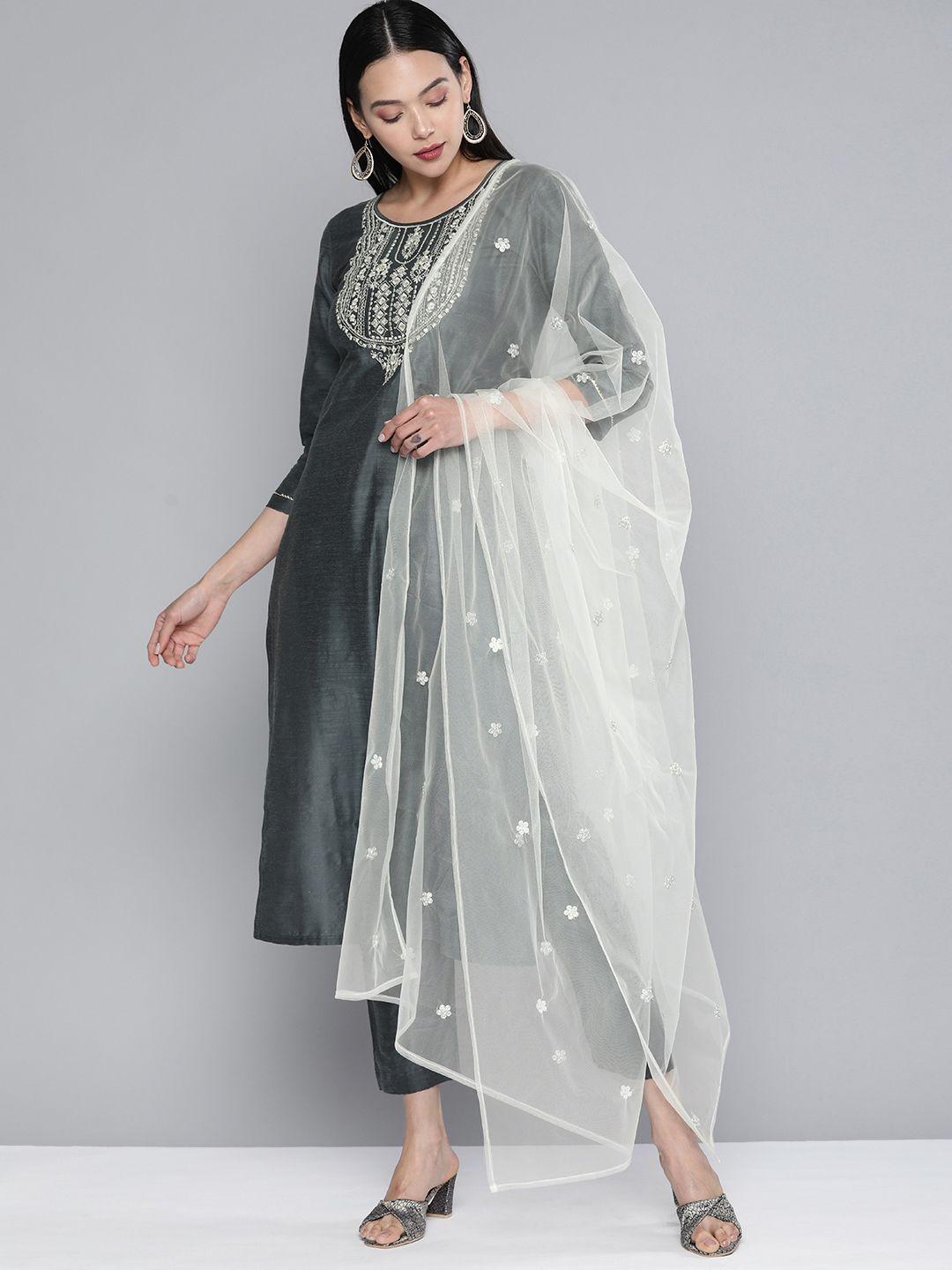 kvsfab women grey embroidered regular sequinned kurta with trousers & with dupatta