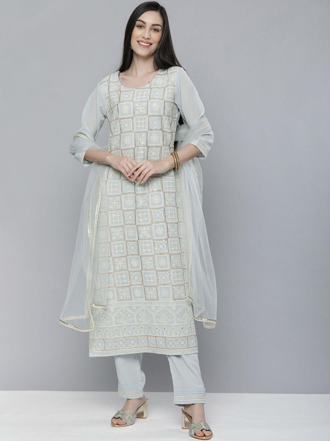 kvsfab women grey ethnic motifs embroidered sequence kurta with trousers & with dupatta