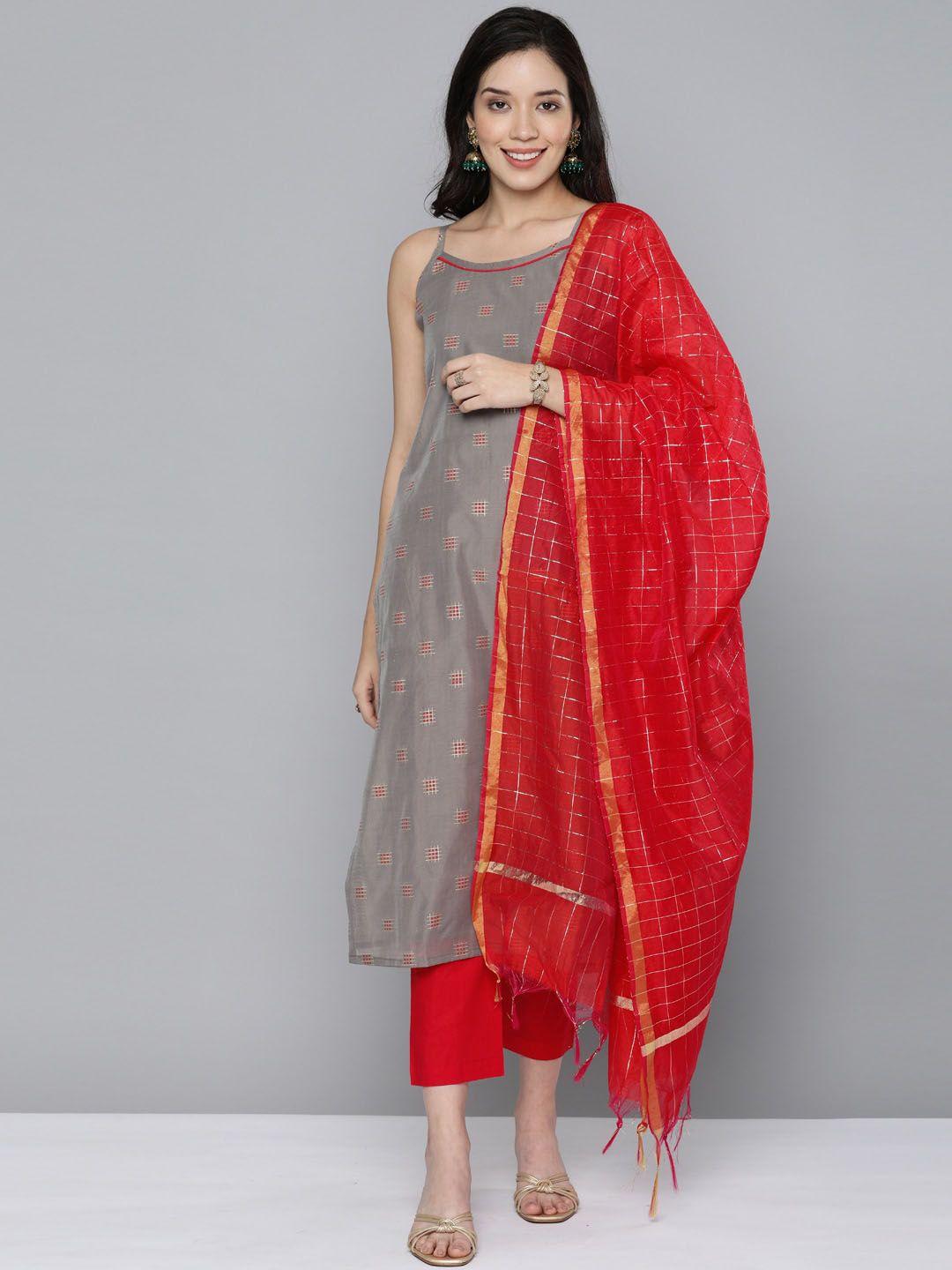 kvsfab women grey printed chanderi cotton kurta with trousers & with dupatta