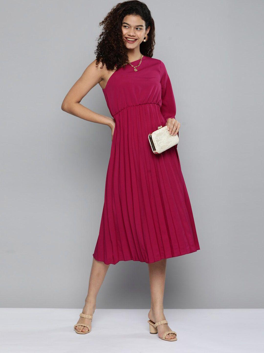 kvsfab women magenta one shoulder crepe solid midi dress