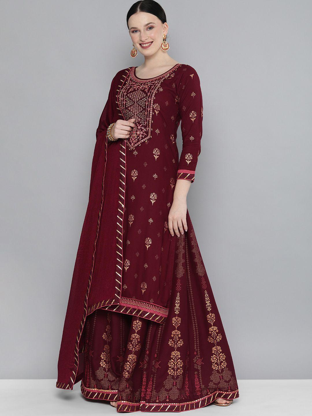 kvsfab women maroon ethnic motifs regular kurta with skirt with dupatta